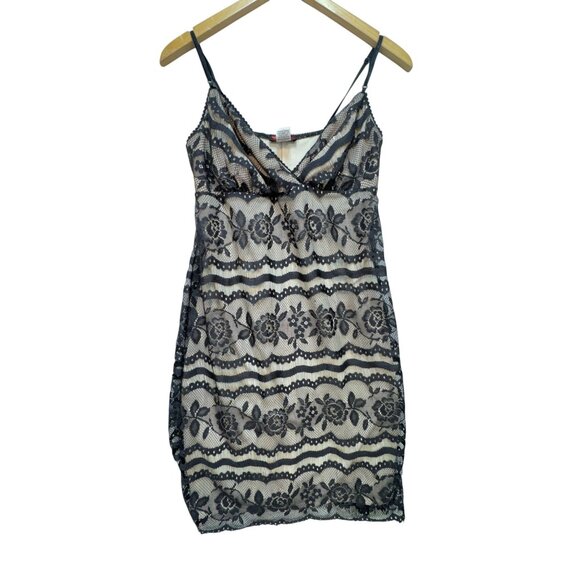 First Kiss Womens Bodycon Slip Dress Size L Black Floral Lace Sleeveless Y2K - Picture 1 of 14